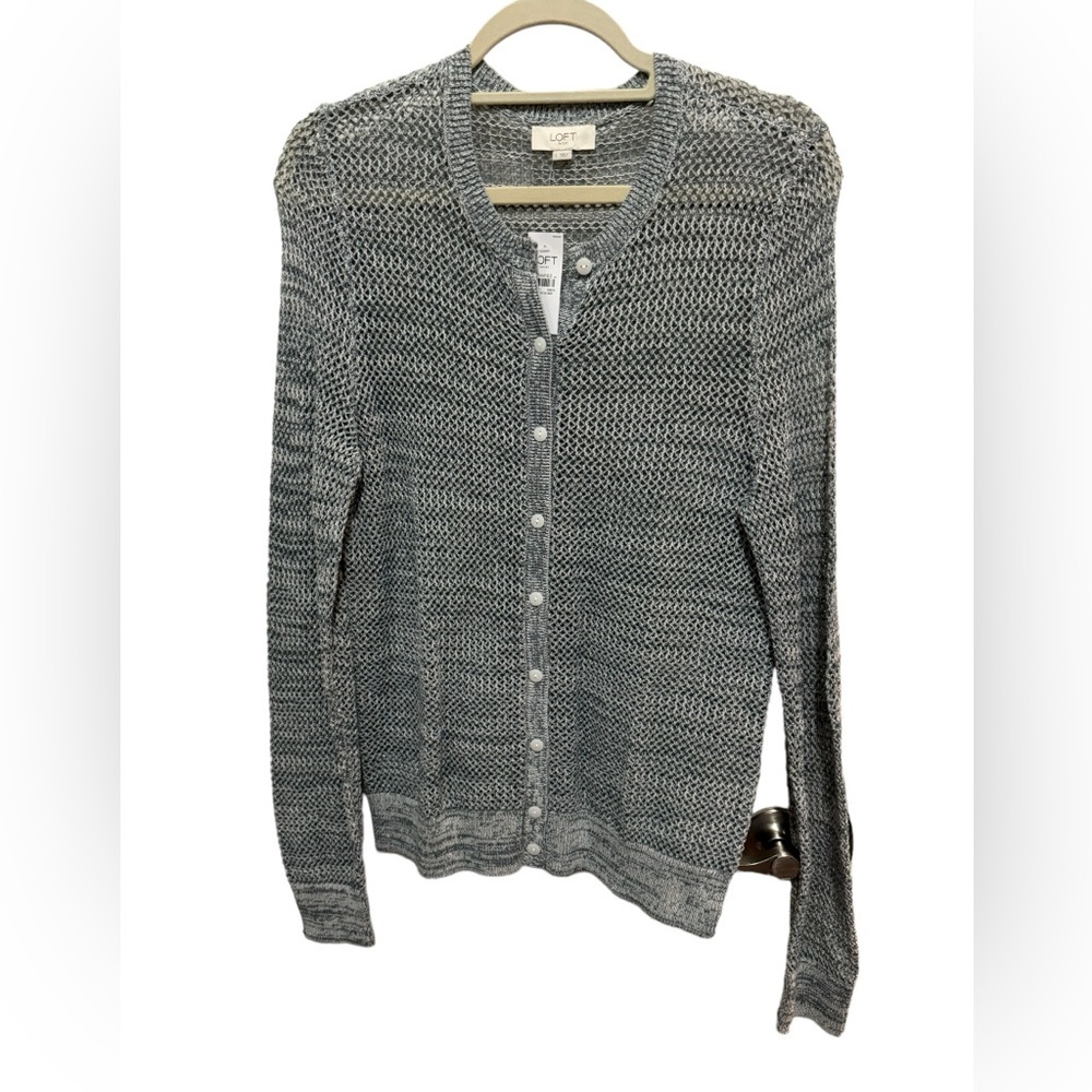 LOFT - Loose Knit Gray / White Caridgan - Size L NWT